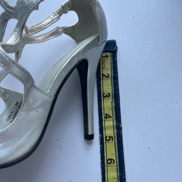 Venus Silver Strappy Stiletto High Heel Sandals | Size 8M | Metallic Dress Shoes - Picture 3 of 8